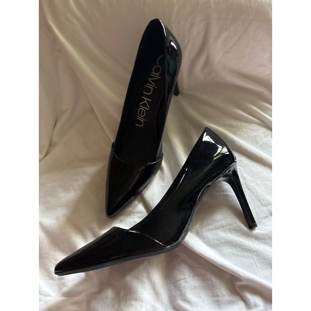 Black Patent Leather Pointed Toe Stiletto Heels Size 11 Calvin Klein Glossy